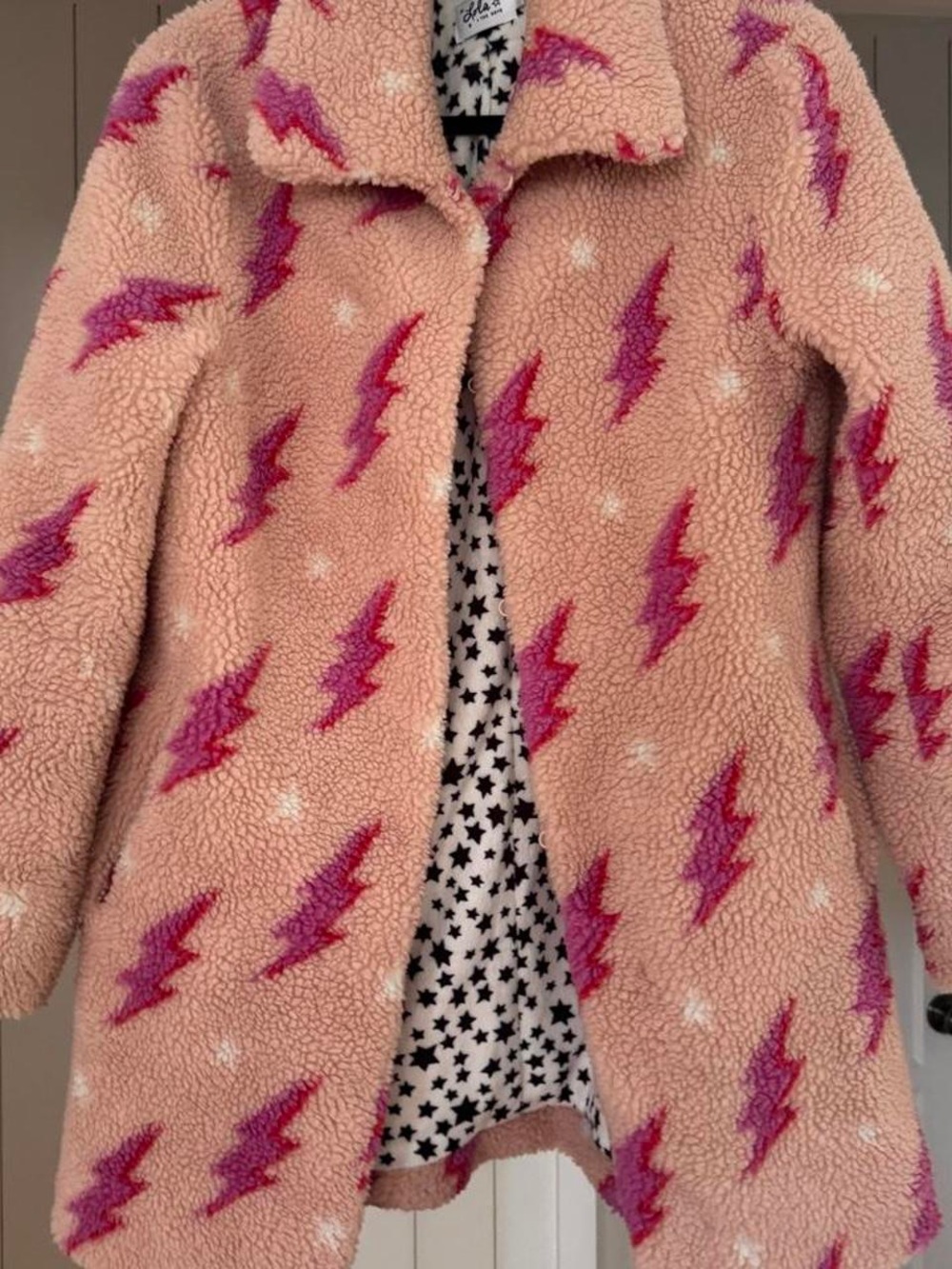 Lola + The Boys Pink Sherpa Coat with Magenta Lightning Bolts
